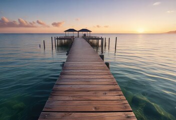 Fototapeta premium Calm water lapping gently against the shore of a peaceful pier extending into serene waters, stillness, lapping,