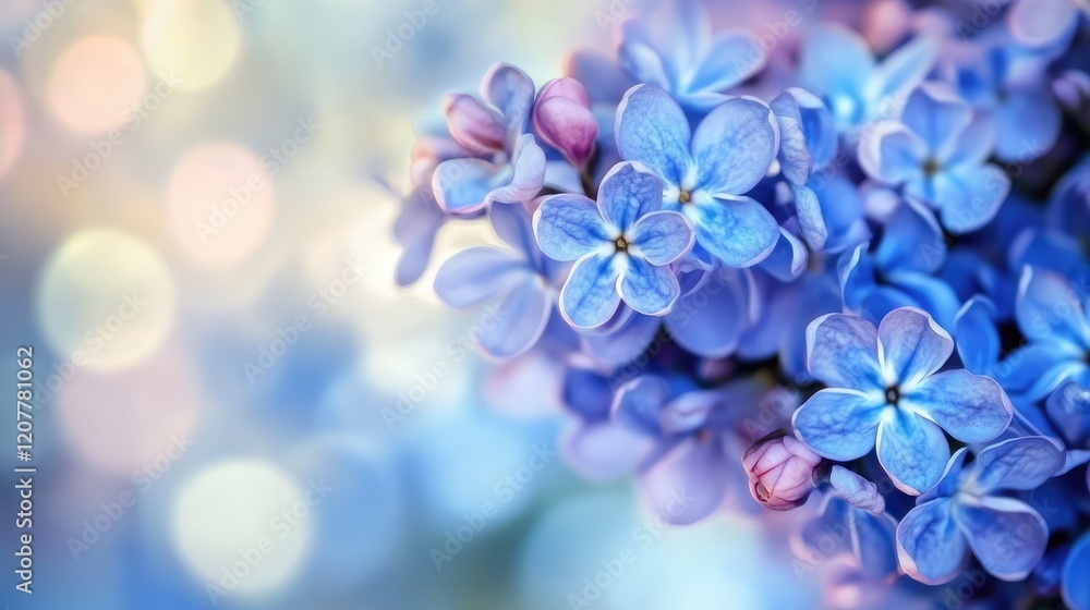 Poster close-up of delicate blue lilac flowers with soft bokeh background and copy space for text placement