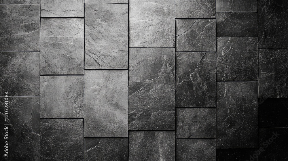Aufkleber textured black slate stone wall with varying rectangle tiles arranged in a modern pattern copy space