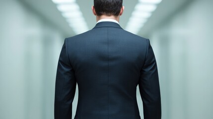 Businessman Walking Away: The back of a man in a dark suit walking down a long hallway, symbolizing ambition, career progression, or contemplation.