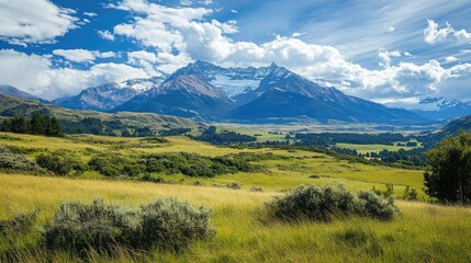Majestic mountain landscape featuring lush green fields and shrubs with snow-capped peaks under a vibrant blue sky and fluffy white clouds