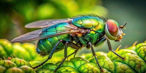 Naklejka premium Green Bottle Fly on Summer Plant - Realistic AI Photo