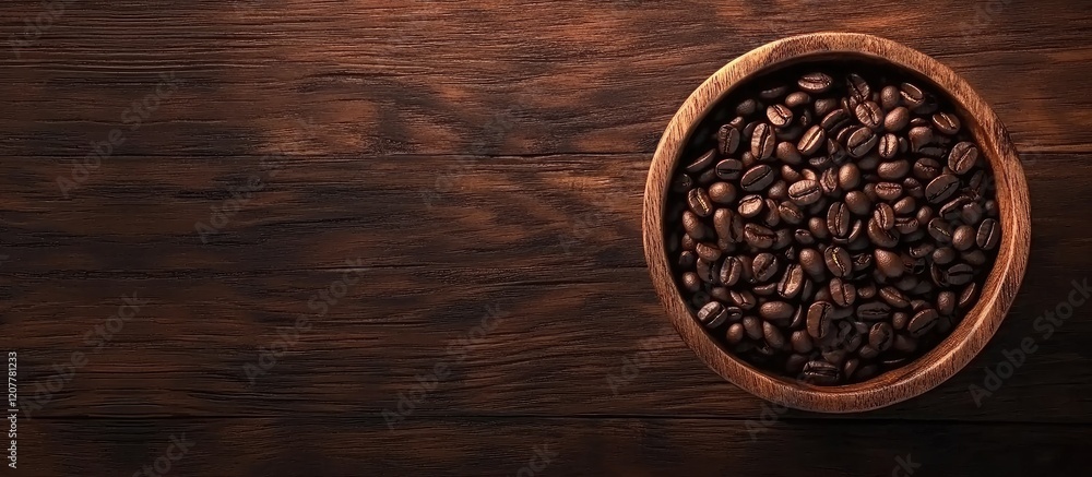 Poster freshly roasted dark coffee beans in a rustic wooden bowl on textured dark wood surface with generou