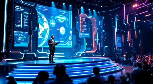 Tech Conference Keynote Speaker Presents on Futuristic Stage with LED Screens
