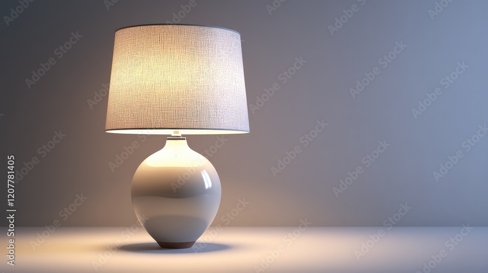 Poster elegant white ceramic table lamp with textured fabric shade displaying warm light against a softly l