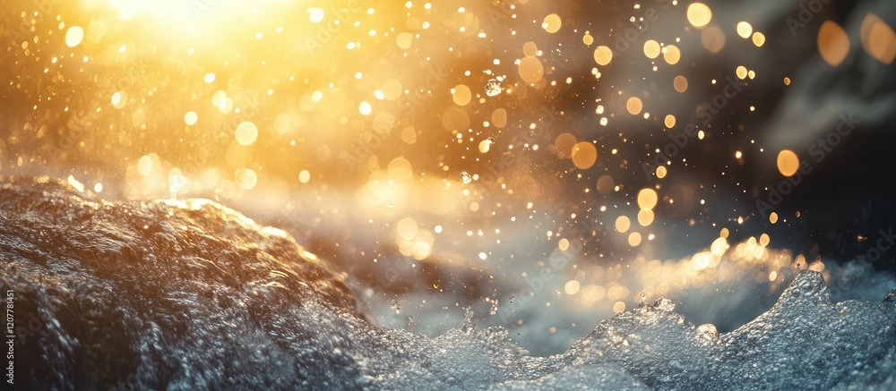 Poster golden sunlight reflecting on water surface with bokeh effect and dynamic splashes copy space