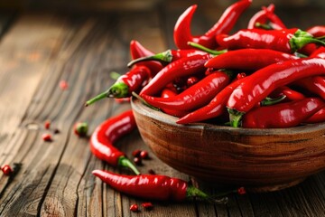 Red Hot Chili Peppers in bowl over wooden background