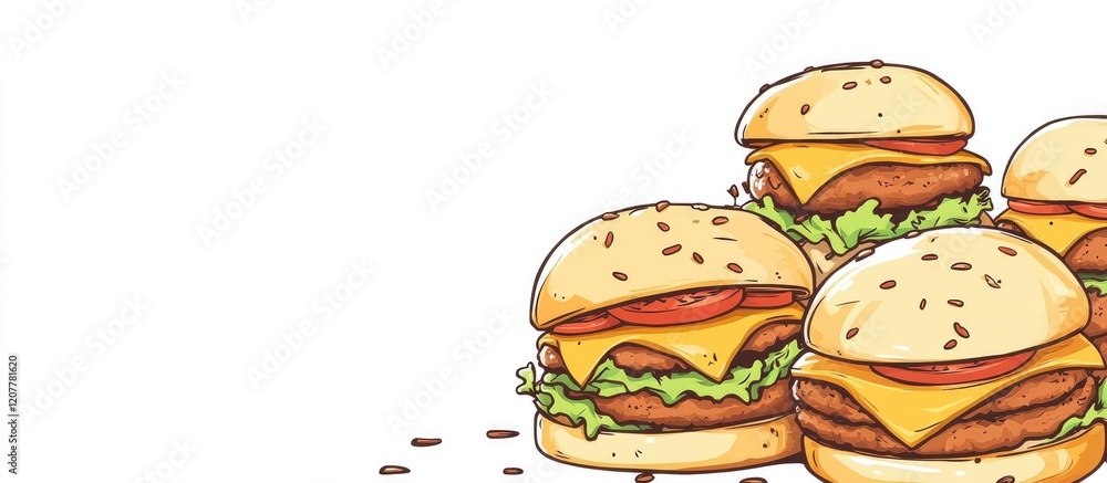 Poster illustration of a stack of cheeseburgers with lettuce and tomato on a white background with copy spa