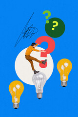 Creative 3D photo collage artwork of brilliant idea solution genius brainstorming idea lamp bulb...