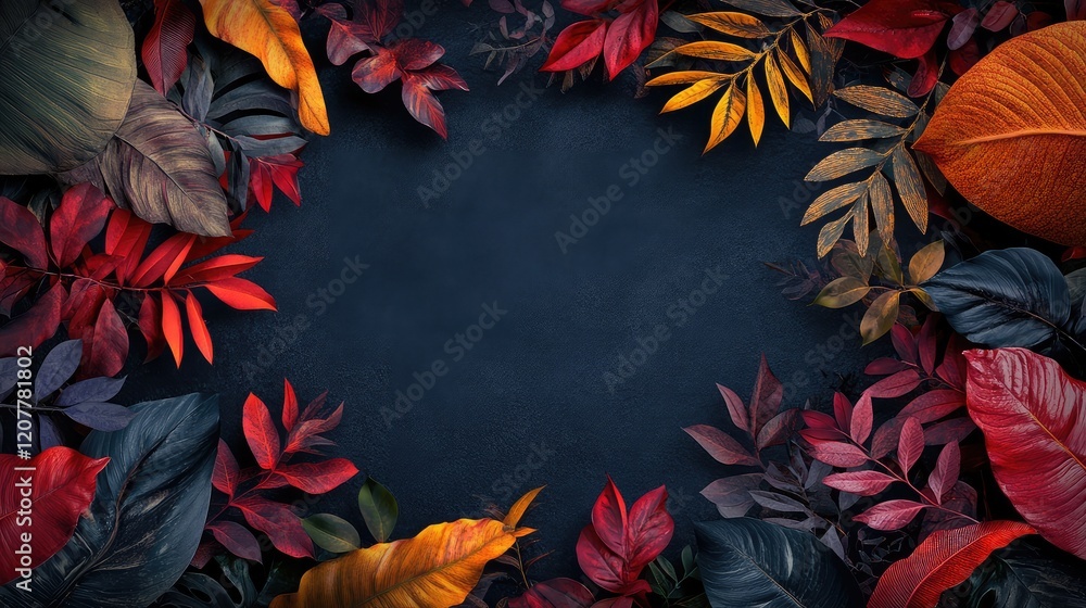 Poster colorful autumn leaves frame on dark background with copy space for text or design elements.