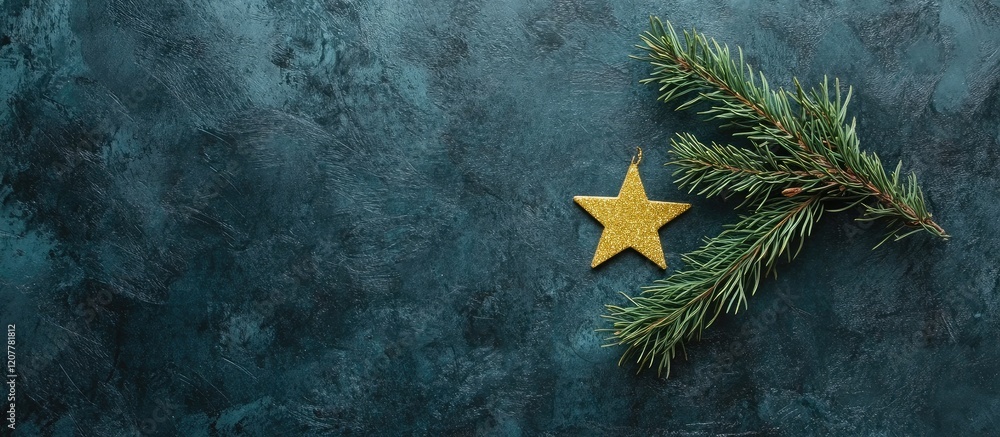 Aufkleber green christmas fir tree branch adorned with a golden star on a dark textured background creating a 