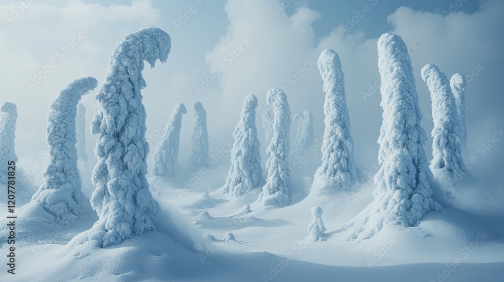 Poster surreal winter landscape with snow-covered trees creating unique formations under a soft cloudy sky 
