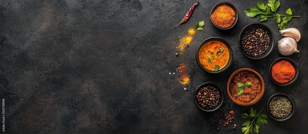 Aufkleber vibrant curry served in rustic bowls with colorful spices and fresh herbs on dark textured backgroun