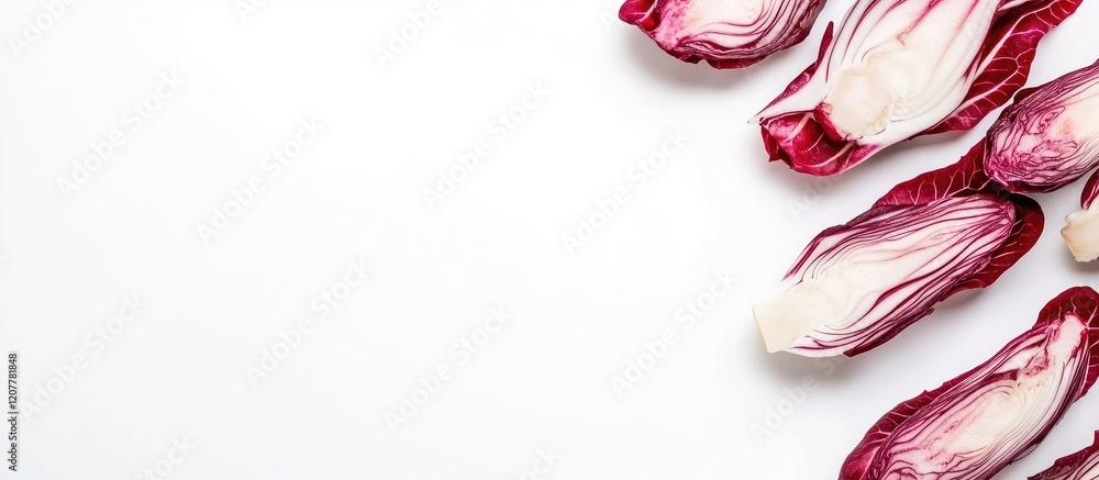 Aufkleber freshly sliced radicchio endive leaves in vibrant purple and white on a clean white background creat