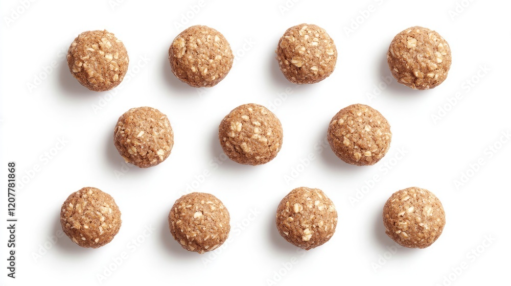 Poster oatmeal energy balls arranged in a pattern on a white background with copy space for text placement.