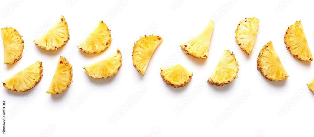 Poster vibrant yellow slices of fresh pineapple arranged in a line on a clean white background with generou