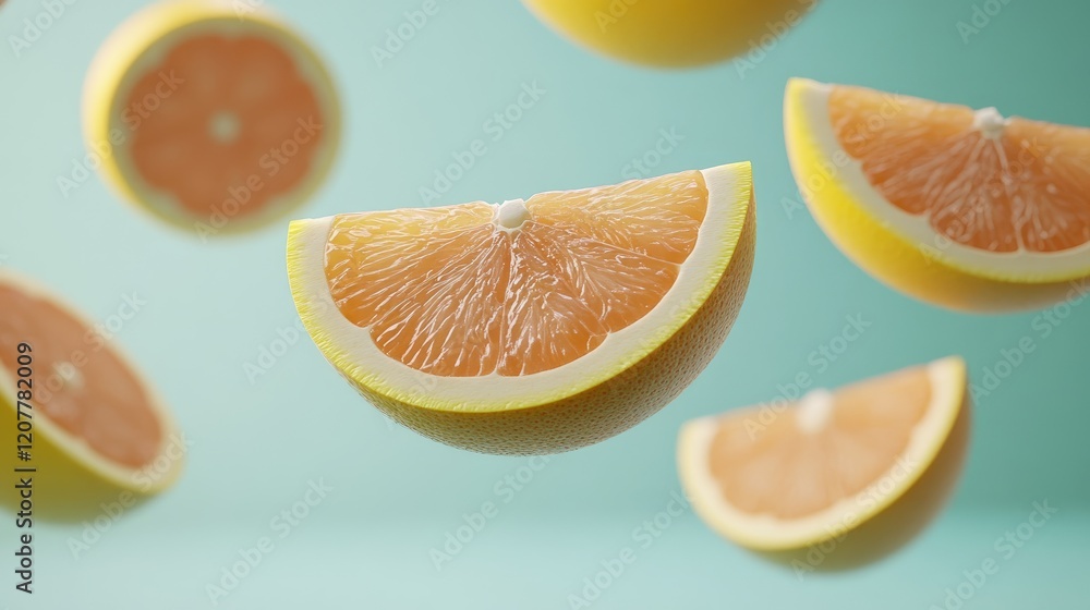 Poster floating sliced grapefruit segments in vibrant colors with a soft focus background highlighting thei