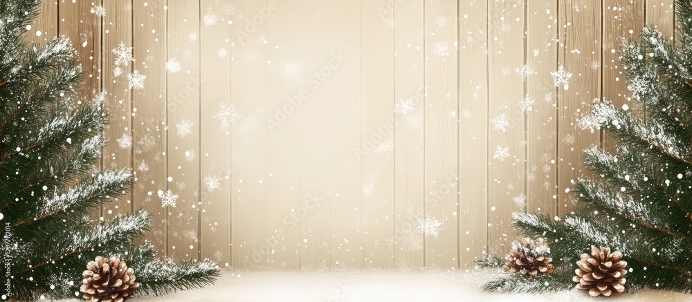 Poster rustic wooden background with snowy fir trees and pinecones, festive holiday new year banner with em