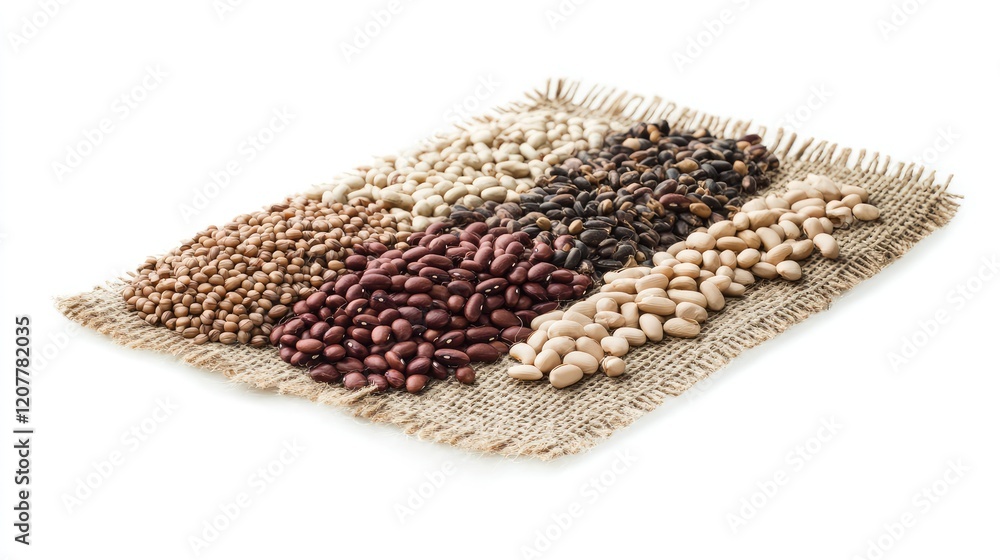 Poster assorted raw legumes and grains arranged on textured burlap fabric with white background and ample c