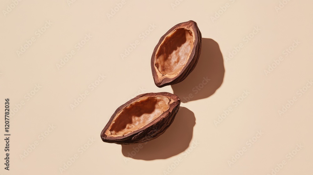 Poster cocoa pod split open revealing inner seeds on a light beige background with copy space for text plac