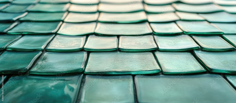 Poster green glass tile roof texture close-up with horizontal view and empty copy space for text in soft na