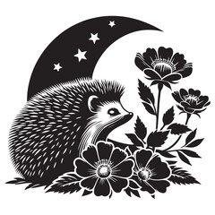 Black and White Illustration of Hedgehog Surrounded by Flowers with Crescent Moon Above in Intricate Details