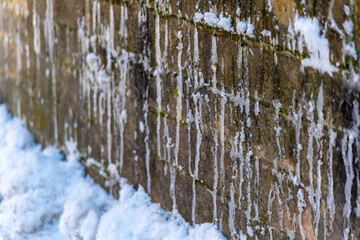 Icy water drips down a stone wall with snow on the ground in a cold winter landscape