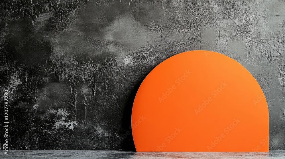 Poster abstract composition with a large orange circle on a textured gray wall featuring copy space for des