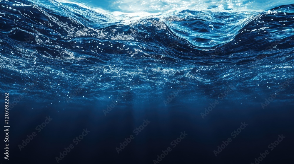 Poster underwater view of ocean waves with sunlight filtering through the surface, deep blue water backgrou