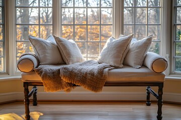 A cozy bench adorned with soft pillows and a warm blanket, positioned in front of a large window, inviting natural light to fill the space and create a serene atmosphere for relaxation.