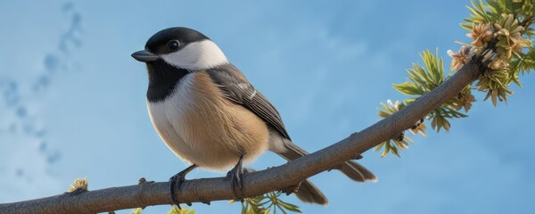 Obraz premium Black-capped Chickadee's distinctive black cap visible against a bright blue summer sky, bird photography, bird behavior