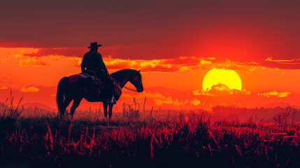 Fototapeta premium Silhouette of cowboy sitting on a powerful horse against background of the western prairie. Sunset. Confidence and readiness for action. Sense of the breadth and wildness of the West.