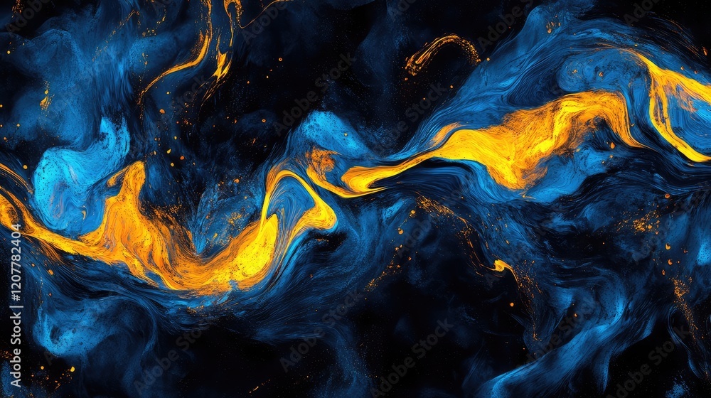 Poster abstract blue and orange swirling patterns on a dark background with texture and depth copy space