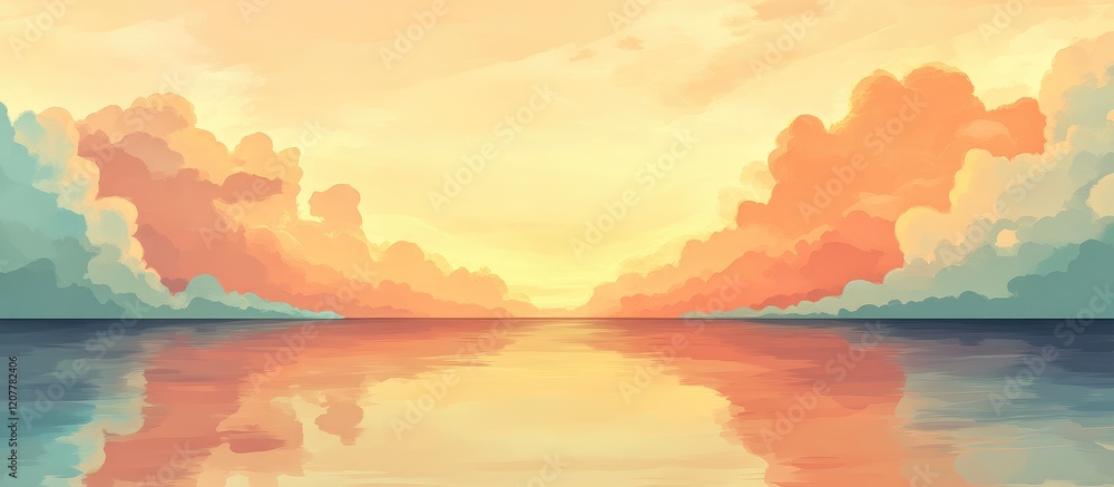 Poster colorful sunset over calm ocean waters with reflection and clouds in a digital painting style featur