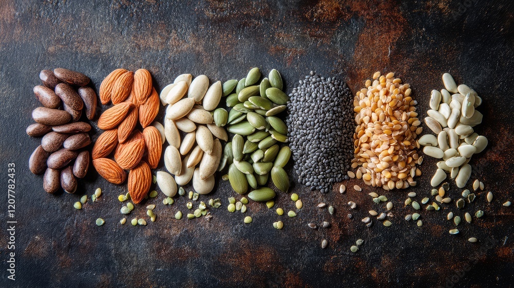 Poster variety of nuts and seeds arranged in rows on dark textured surface with ample copy space for text