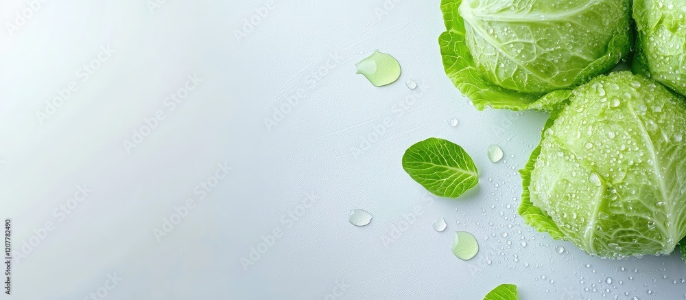 Poster fresh green cabbage with water droplets against a light grey background with empty text space for de