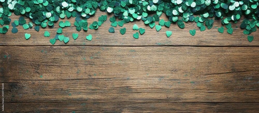 Poster heart-shaped green confetti on rustic brown wooden table with empty copy space for text in a festive