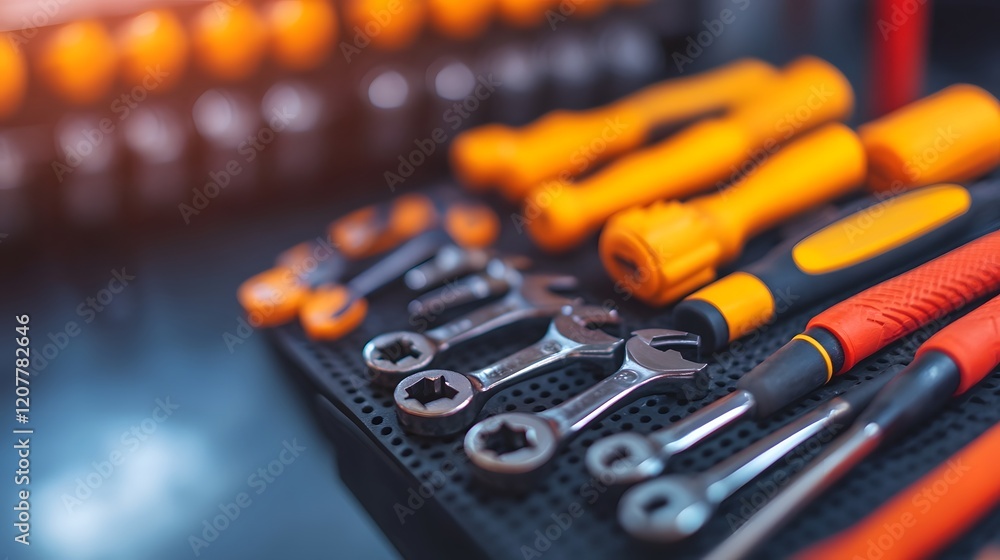 Poster mechanic's toolbox with essential tire maintenance tools and instruments