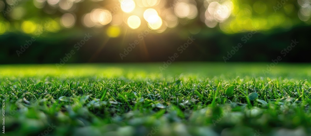 Poster lush green grass with soft bokeh sunlight background creating a tranquil natural scene with copy spa