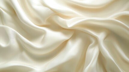 Fototapeta premium Satin fabric texture in light cream color with smooth, flowing folds and waves ideal for backgrounds or overlays Copy Space