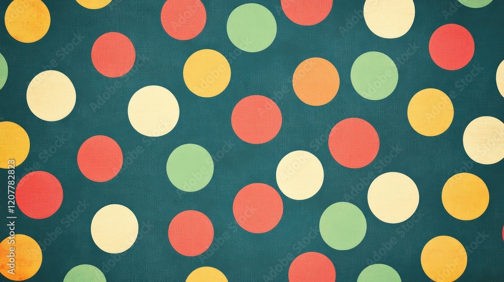 Poster colorful polka dots pattern on dark green background with varying sizes of circles in red yellow gre