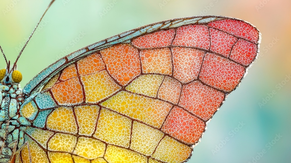Poster vibrant colorful butterfly wing with intricate patterns and textures in a soft blurred background