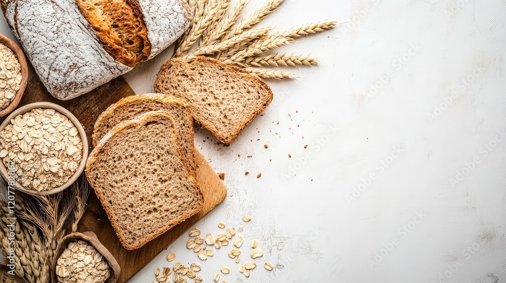 Poster freshly sliced whole grain bread with bowls of oats and wheat grains on a light surface with copy sp
