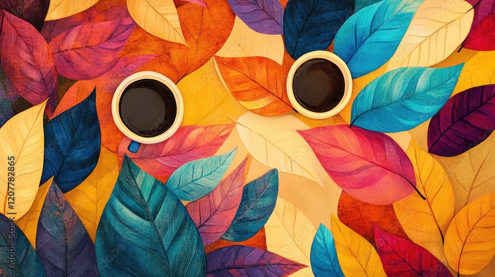 Poster colorful autumn leaves background with two coffee cups in the center and ample copy space for text p