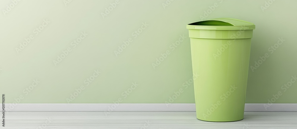 Aufkleber eco-friendly green waste disposal bin in minimalist interior setting with empty text space and soft 