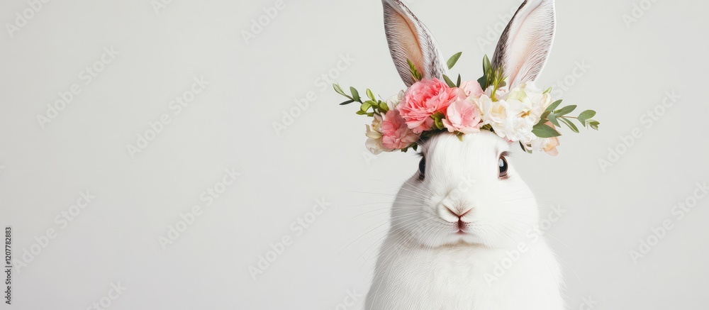 Aufkleber Rabbit with floral crown against plain background with Copy Space for text placement