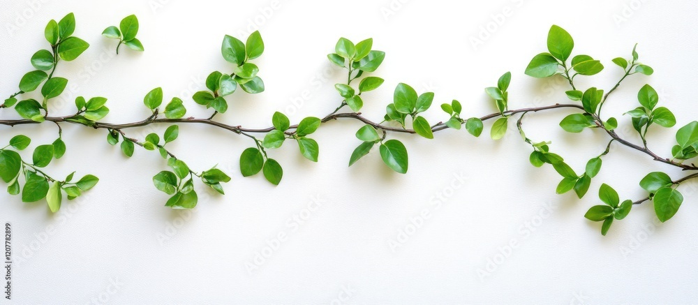 Poster lush green leaves on a slender green branch arranged horizontally on a bright white background with 