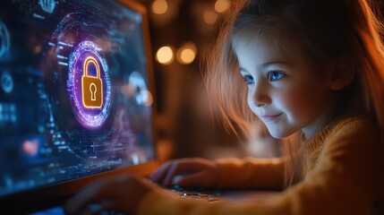 A child using a computer with a glowing padlock HUD overlay, emphasizing the importance of safe internet practices.