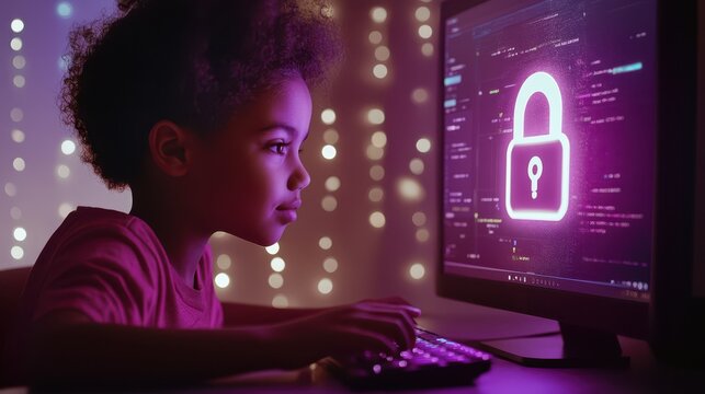 A child using a computer with a glowing padlock HUD overlay, emphasizing the importance of safe internet practices.