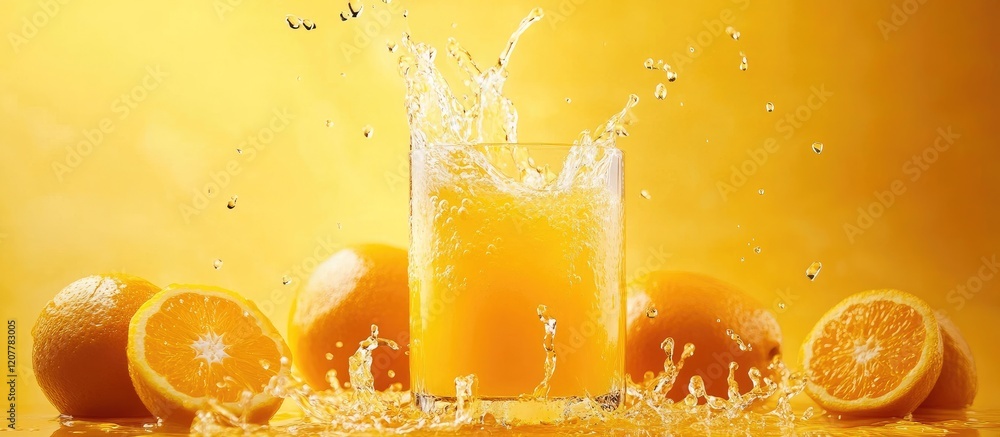 Poster vibrant yellow background with freshly squeezed orange juice splashing from glass surrounded by juic